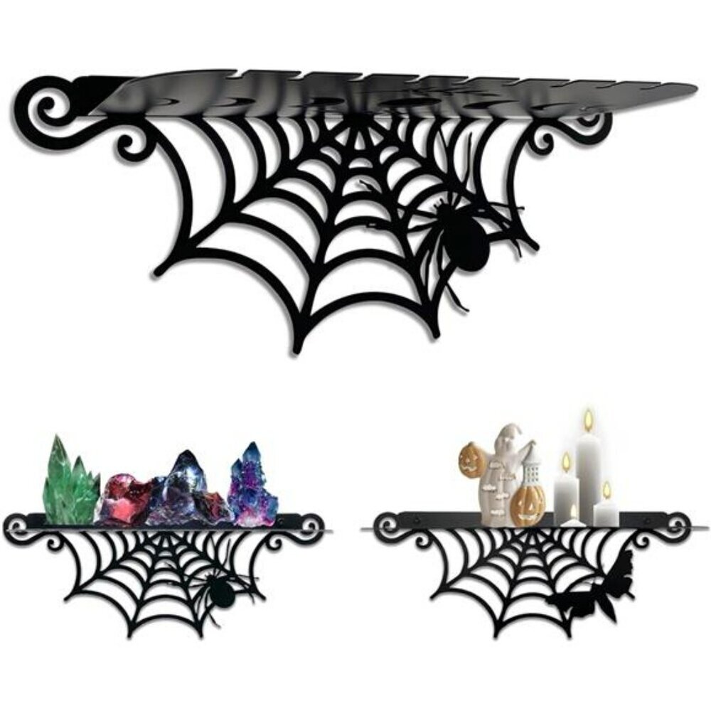 Set of 2 gothic spiderweb wall shelves black crystal display spooky home decor